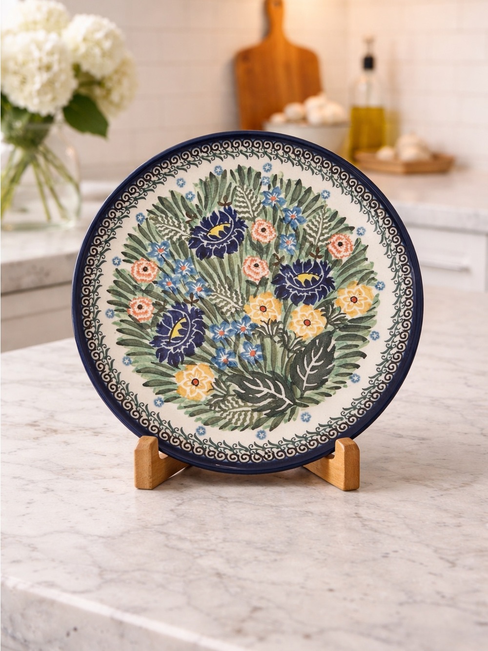 ceramika artystyczna plate Blue Pinkfloral Ceramic plate Handmade Pottery Polish